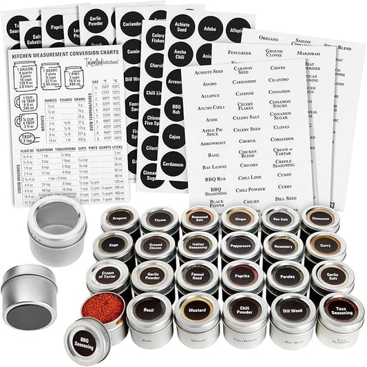 Talented Kitchen Magnetic Spice Jars for Refrigerator – 3oz Metal Magnetic Spice Tins w/Sift & Pour Lids (24 Jars, 269 Preprinted Labels, 2 Blank Label Designs)
