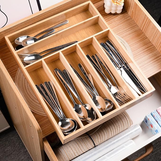 Silverware Organizer Bamboo Kitchen Drawer Organizer with 7 Slots Flatware Organizer Tray for Kitchen, Flatware, Utensils(Natural)