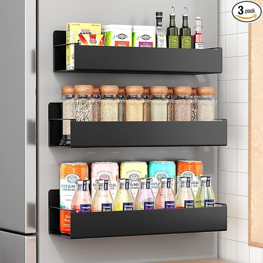 3 Pack Moveable Fridge Magnetic Spice Racks,Metal Black