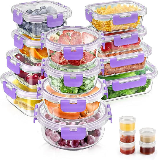 34pcs Glass Food Storage Containers with Lids Set, Airtight Glass Meal Prep Containers (17 Containers & 17 Lids), Leak Proof Lunch Containers BPA-Free, Microwave, Oven, Freezer, Dishwasher Safe-Purple