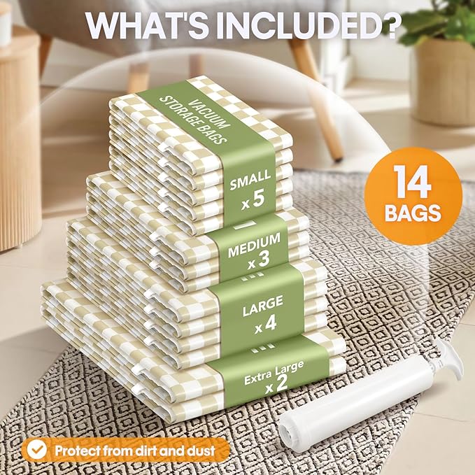 14 Pack Vacuum Storage Bags,Vacuum Seal Bags for Clothing with Hand Pump, 2 Jumbo+4 Large+3 Medium+5 Small, 80% Space Saver Bags for Luggage,Comforters,Blankets, Home Travel Essentials(Khaki Check)