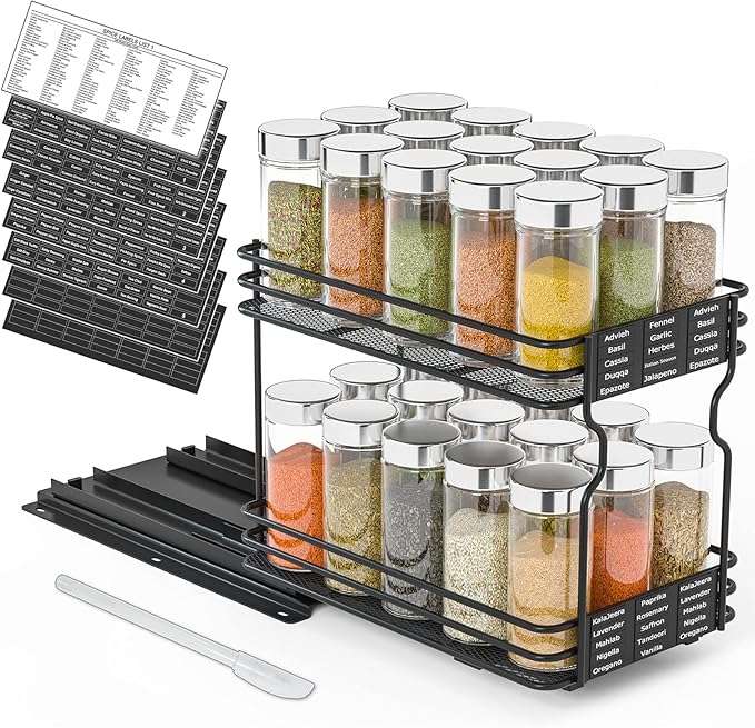 SpaceAid Pull Out Spice Rack Organizer for Cabinet, Heavy Duty Slide Out Seasoning Kitchen Organizer, Cabinet Organizer, with Labels and Chalk Marker, 6.5" W x10.75 D x8.5 H, 1 Drawer 2-Tier