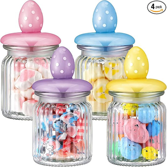 Nitial 4 Pcs Easter Glass Jar with Cap Bunny Rabbit Egg Shape Clear Candy Jar Decorative Food Storage Canister with Airtight Ceramic Lid for Eater Party Tea Cookie Table Decoration(7.8 oz,Easter Egg)