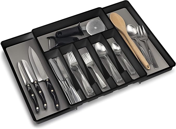 ELTOW Expandable Silverware Drawer Organizer & Utensil Tray Set, Non-Slip Kitchen Drawer Organizers and Storage, Kitchen Organization for Utensils, Cutlery, Office Supplies, Flatware Storage - Black