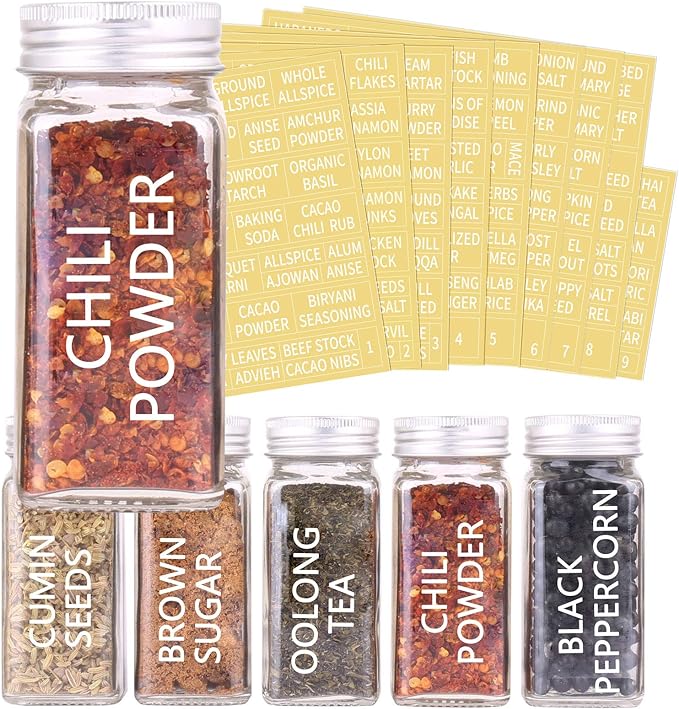 SWOMMOLY 66 Glass Spice Jars with 703 Spice Labels, Chalk Marker and Funnel Complete Set. 66 Square Glass Jars 4oz, Airtight Cap, Pour/sift Shaker Lid