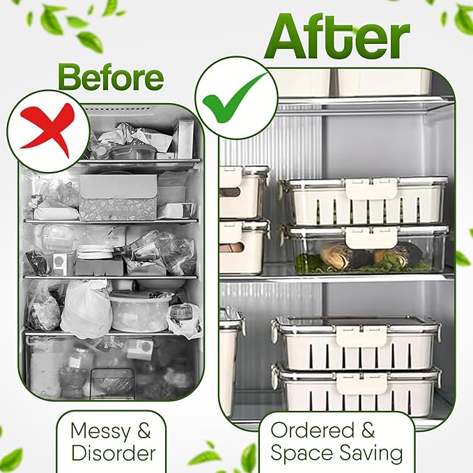 [Dishwasher Safe] Snackle Box Container, Salad Bar Drawer, Fridge/Refrigerator Storage & Organizer for Vegetable, Fruit, Berry, Veggie Prep Tray with Lid & Strainer, Fresh Produce Keeper (4 Colander)