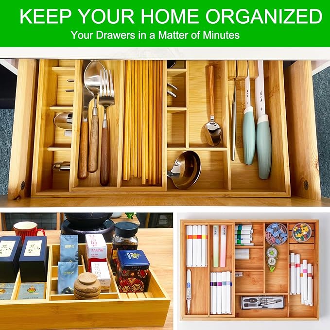Double layer Bamboo Kitchen Drawer Organizer, Utensil Silverware Organizer, Cutlery Tray, With Slidable & Removable Utensil Tray, With Knife Holder, Flatware Organizer,Multi-use storage box