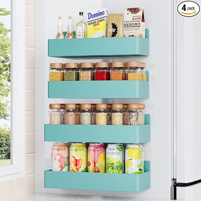 Magnetic Spice Rack for Refrigerator, Kitchen Organizer and Storage Shelf, Blue (4 Pack)…