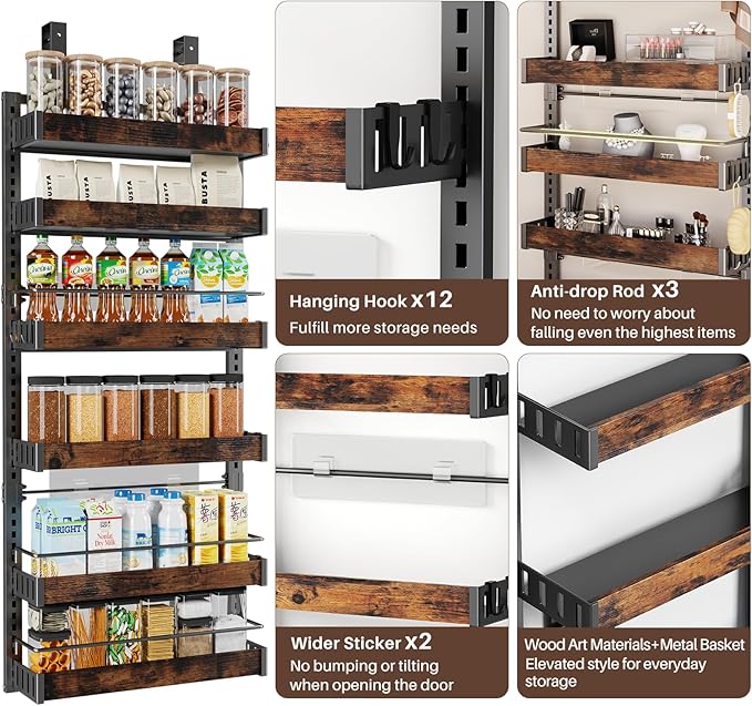 6 Tier Over The Door Pantry Organizer, 2 IN 1 Wall Mount or Metal Hanging Spice Rack for Pantry Organizers and Storage, Seasoning Shelves，Adjustable Basket with Hooks for Kitchen, Bathroom,Laundry
