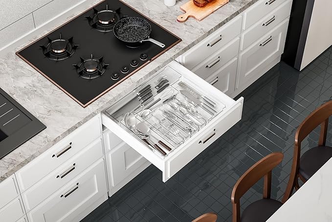 Acina Silverware Organizer for Kitchen Drawers: Expandable Cooking Utensil Tray - Adjustable Cutlery Flatware Holder - Spatula Tools Gadgets Storage Divider Clear (Expandable Tray with 9-Drawers)