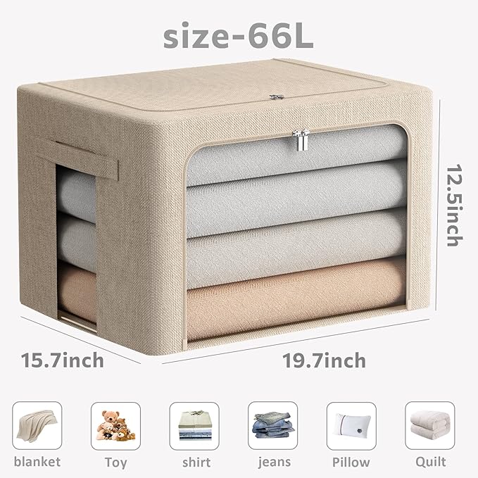 2 Pack Clear Window Storage Bins Large Foldable Fabric Storage Bins Boxes for Clothes Stackable Box Organizer Set with Carrying Handles (Beige, 19.7x 15.7x 12.5 Inch)