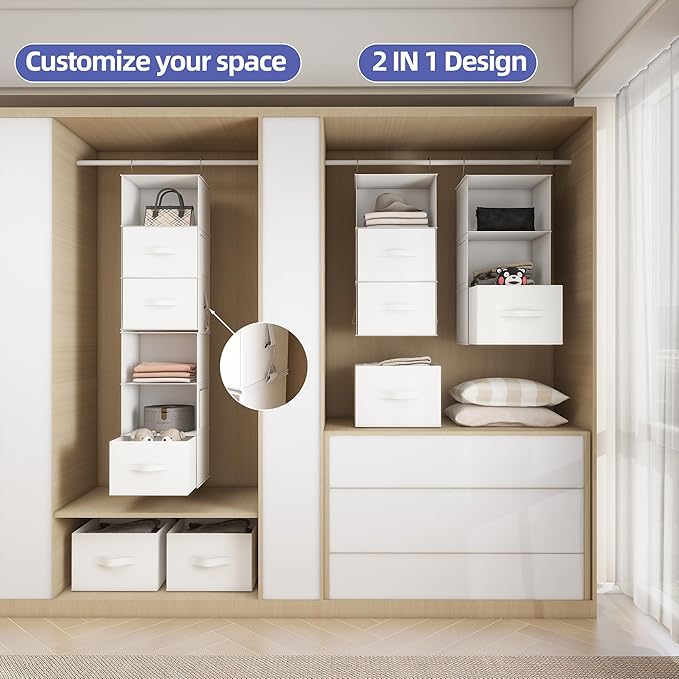 Twira 6-Shelf Hanging Closet Organizer, 2 Separable 3-Shelf Hanging Shelves, Hanging Storage with 3 Removable Drawers 4 Side Pockets, Storage Organizer for Closet, Nursery (White)