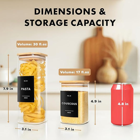 Square Glass Storage Containers with Bamboo Lids 12-Pack (4x 30 oz, 8x 17 oz) Airtight Storage Jars with Lids for Food, Stackable Kitchen Canisters with 114 Labels for Pantry [Thicker Glass 3mm]