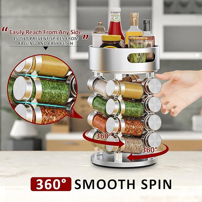 2 Tier Rotating Spice Rack Set With 16 Jars and Extra Top Tray, Revolving Spice Tower Organizer for Kitchen Spice and Seasonings, Aluminum Spice Tower,Reusable Labels, White Pen and Funnel Included