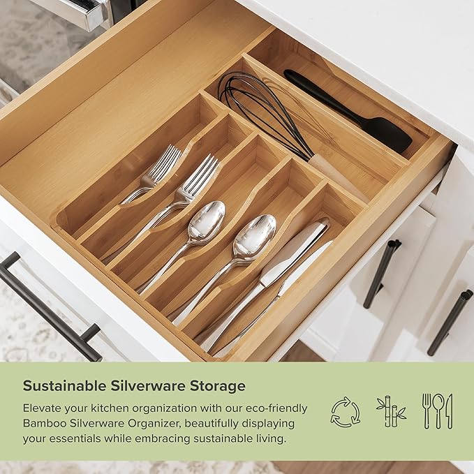 Silverware Organizer - Cutlery, Flatware, and Utensil Holder for Kitchen Drawers, Fixed 10.5” Width, 7 Storage Compartments, Non-Slip Feet, Rounded Corners, 100% Bamboo