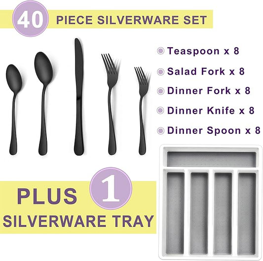 Herogo 40-Piece Matte Black Silverware Set with Drawer Organizer, Stainless Steel Flatware Cutlery Set for 8, Modern Tableware Eating Utensils with Tray, Dishwasher Safe, Satin Finish