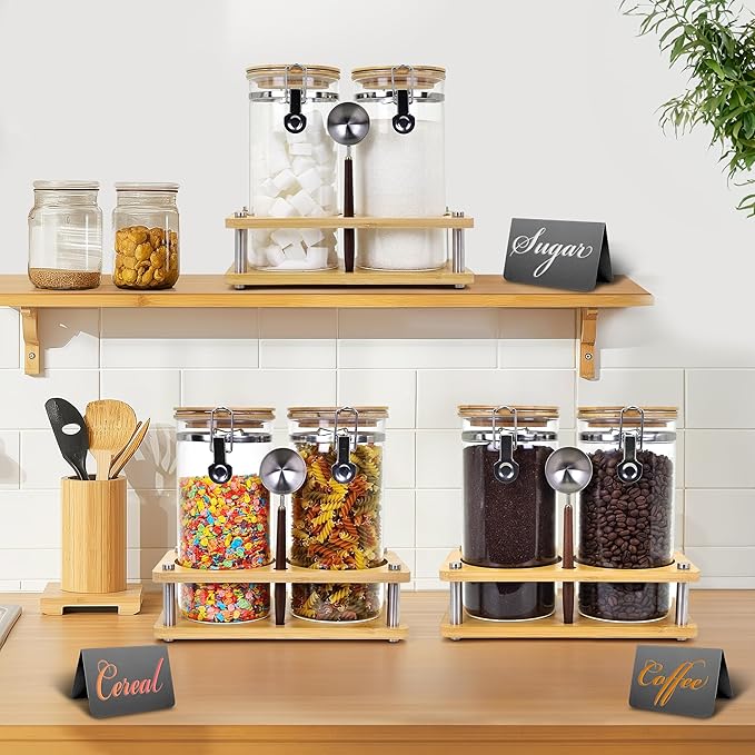Glass Coffee Grounds Container with Shelf, 2 × 45 oz Glass Coffee Canister with Airtight Locking Clamp,Glass Storage Jars with Metal Spoon for Coffee Bean, Sugar, Nut