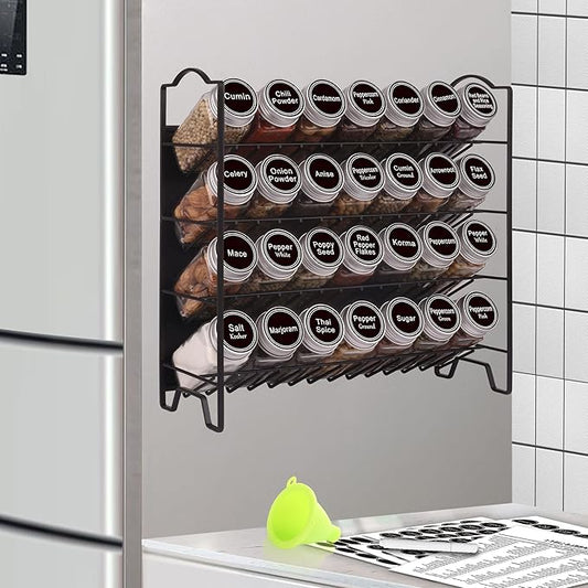 SWOMMOLY Magnetic Spice Rack Organizer with 28 Glass Spice Jars, 396 Spice Labels with Chalk Marker and Funnel Set for Refrigerator, Metal Fridge, Microwave, Cabinet, Countertop,12.9" W x 12.4" H
