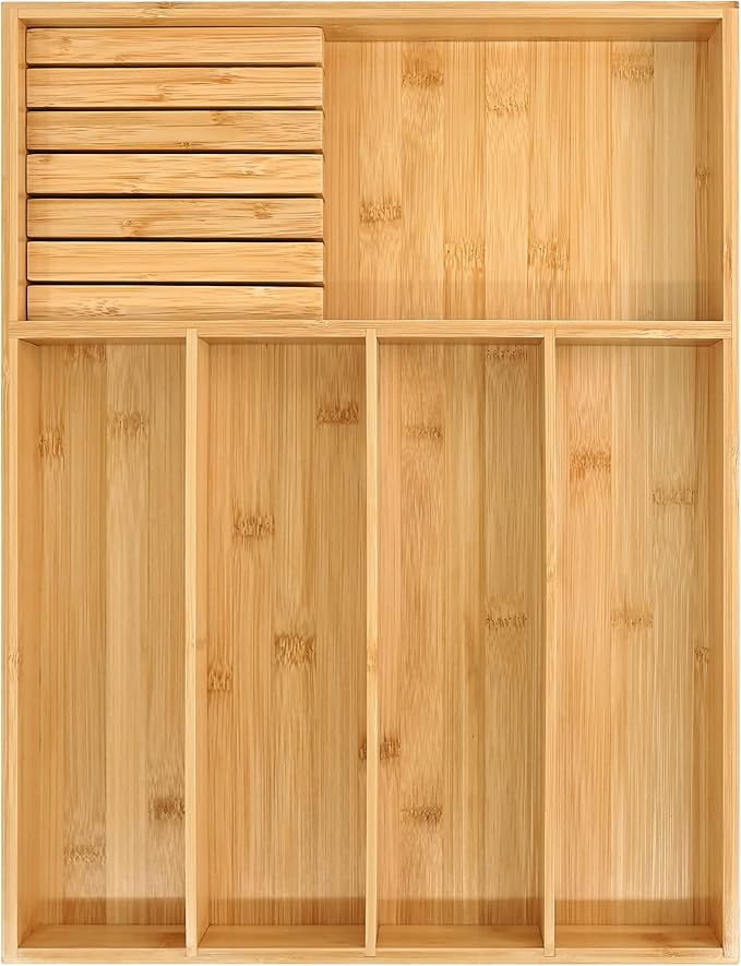 VaeFae Bamboo Silverware Organizer, Utensil Holder for Drawer, Wooden Cutlery Tray with Divider for Kitchen Drawer, Utensil Organizer with Knife Block