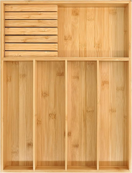 VaeFae Bamboo Silverware Organizer, Utensil Holder for Drawer, Wooden Cutlery Tray with Divider for Kitchen Drawer, Utensil Organizer with Knife Block