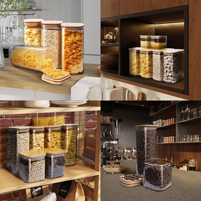 Square Glass Jars with Bamboo Lids 34 FL OZ [Set of 6], Glass Canisters with Airtight Lid, Glass Food Storage Container for Pasta, Flour, Sugar, Rice, Best for Kitchen & Pantry
