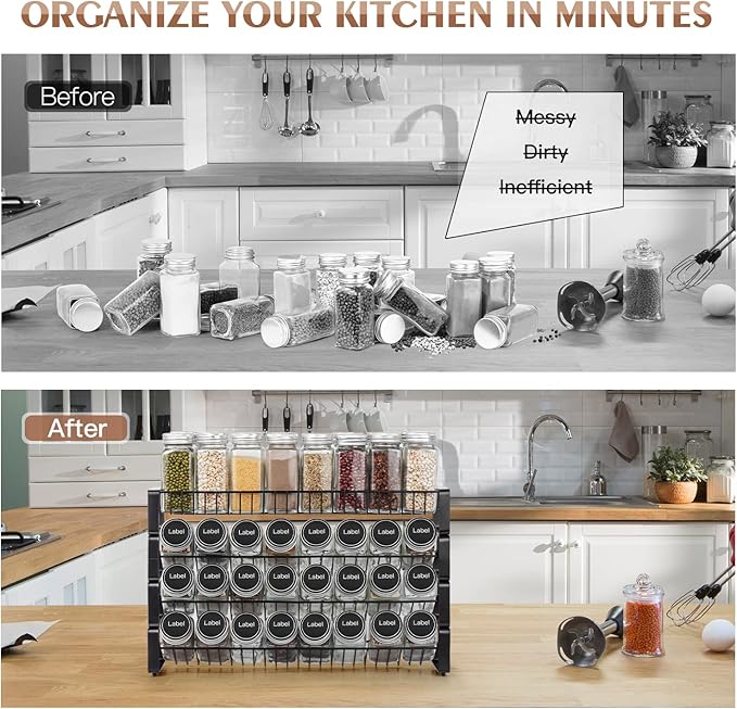 JONYJ 4 Tier Stackable Seasoning Rack Organizer, Detachable Countertop Spice Jar Rack for Cabinet, Freestanding , Black Frosted Iron Kitchen Counter Shelf