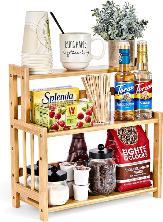 Sorbus Coffee Bar Organizer - Bamboo Wooden Storage Shelf for Kitchen Countertop - Coffee Station Accessories Rack for Mugs, Cream, Syrup, Cups, Spices, Kitchen Condiments (3-Tier)