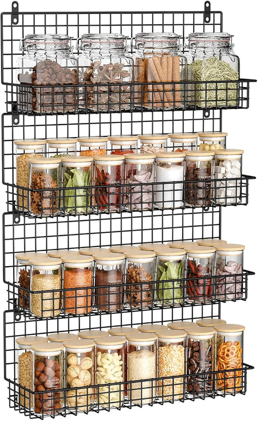 X-cosrack Spice Rack Organizer Wall Mounted 4-Tier Stackable Hanging Spice Storage Racks,Great for Kitchen and Pantry Storing Spices, Large with 5 Hooks, Up to Storage 80 Jars(Patent No.:D909138S)