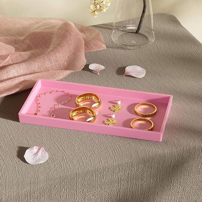 Vanity and Bathroom Tray, 9.8" ABS Countertop Organizer,Waterproof Vanity Tray for Toilet Tank,Perfume,Soap,Keys,Bathroom Accessories,Kitchen and Bath Trays,Non Slip Small Trays,Pink