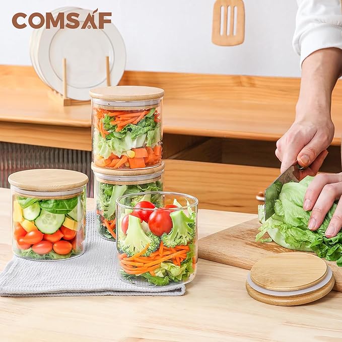 ComSaf Airtight Glass Food Storage Jars Set of 6, 20oz Clear Glass Food Storage Container with Sealing Wooden Lid, Stackable Spice Jar, Round Kitchen Canister for Sugar, Tea, Coffee bean, Pasta, Oat