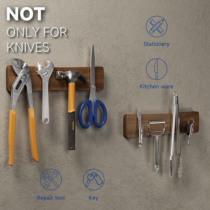 Magnetic Knife Holder for Wall, 10" Acacia Wood Knife Magnetic Strip Powerful Magnet Knife Holder Strip No Drill Use as Tool Key Storage Knife Bar, Knife Rack for Kitchen Utensil Organizer Dark Brown