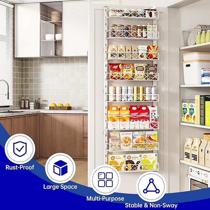 Over the Door Organizer, White 8-Tier Pantry Door Organizer with Adjustable Basket, Hanging Spice Rack Cabinet Door Shelves, Laundry Room Organization and Storage