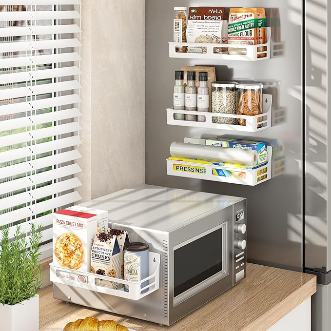 Magnetic Spice Rack for Refrigerator, 4 Pack Premium Plastic Spice Rack Organizer,Magnetic Fridge Shelf Seasoning Rack,Perfect Kitchen Organization and Storage (White)