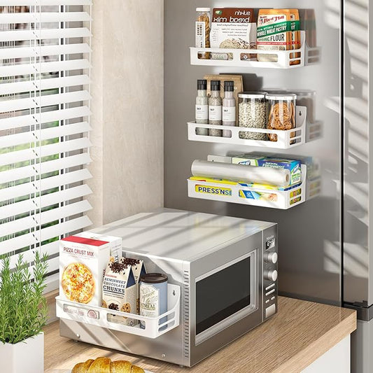 Magnetic Spice Rack for Refrigerator, 4 Pack Premium Plastic Spice Rack Organizer,Magnetic Fridge Shelf Seasoning Rack,Perfect Kitchen Organization and Storage (White)