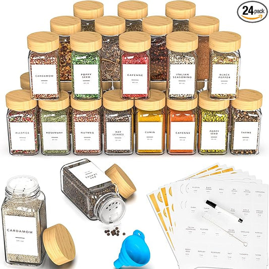 24 Glass Spice Jars with Label, Spice Jar Set with Bamboo Lids 4oz Seasoning Containers Shakers & Spice Labels, Empty Spice Bottles, Kitchen Organization Storage for Cabinet Drawer Decor Essentials