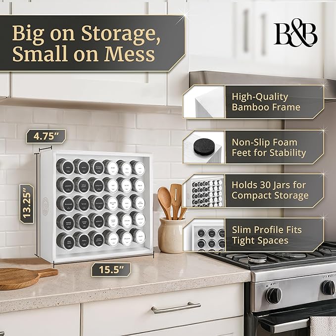 BOURBON & BARREL Wooden Spice Rack Organizer with Glass Jars | Stainless Steel Lids | Bamboo Countertop Spice Organization | 350 Waterproof Spice Labels | 2 Chalk Markers | 30 4oz Jars [White]