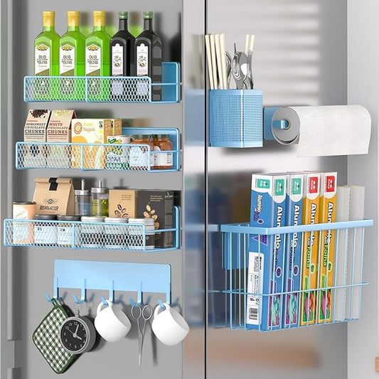 Magnetic Spice Rack for Refrigerator, 7 Pack 100% Metal Strong Magnet Shelf, Spice Organizer W/ Paper Towel Holder, Hook Rack, Utensil Caddy & Cutting Board Holder, Home Kitchen Organization (Blue)