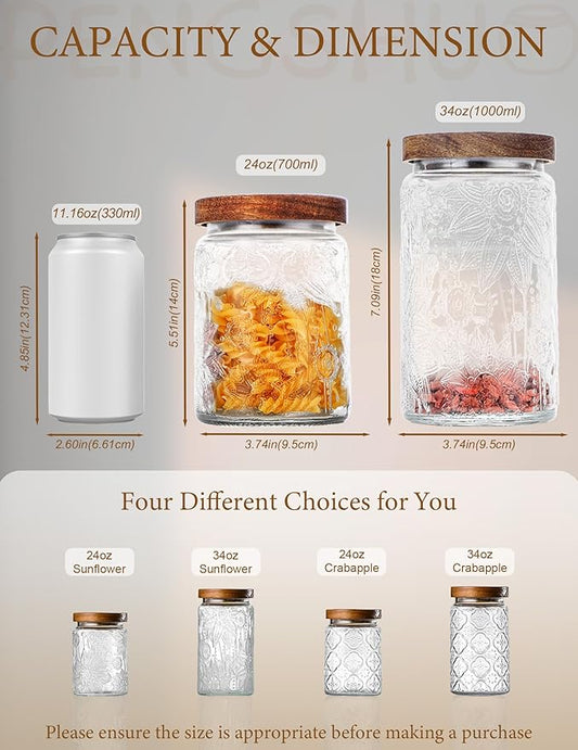 Vintage Glass Jar with Lid – Airtight Container for Ground Coffee, Flour, Cookies, Candy, Glass Canisters for Kitchen and Pantry Storage, Sunflower, 34oz