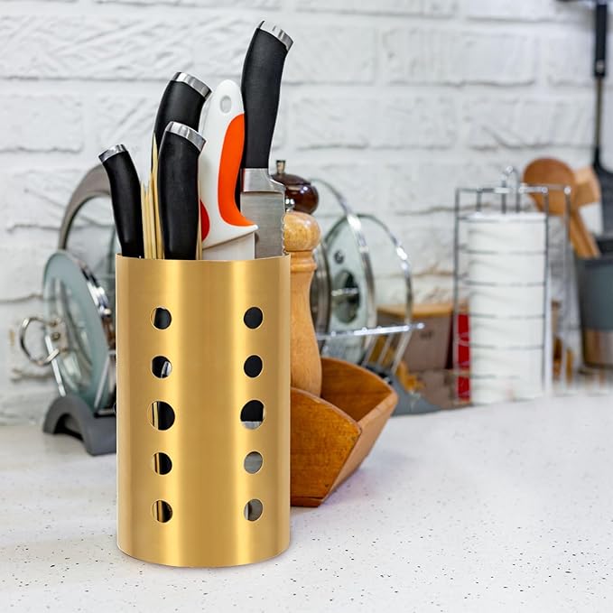 Gold Stainless Steel Utensil Holder 3.93x6.9 inch – Flatware Cylinder Draining Organizer & Drying Rack Caddy Basket for Kitchen Counter with Round Drain Holes, Stand for Fork, Knive, Spoon, Chopstick