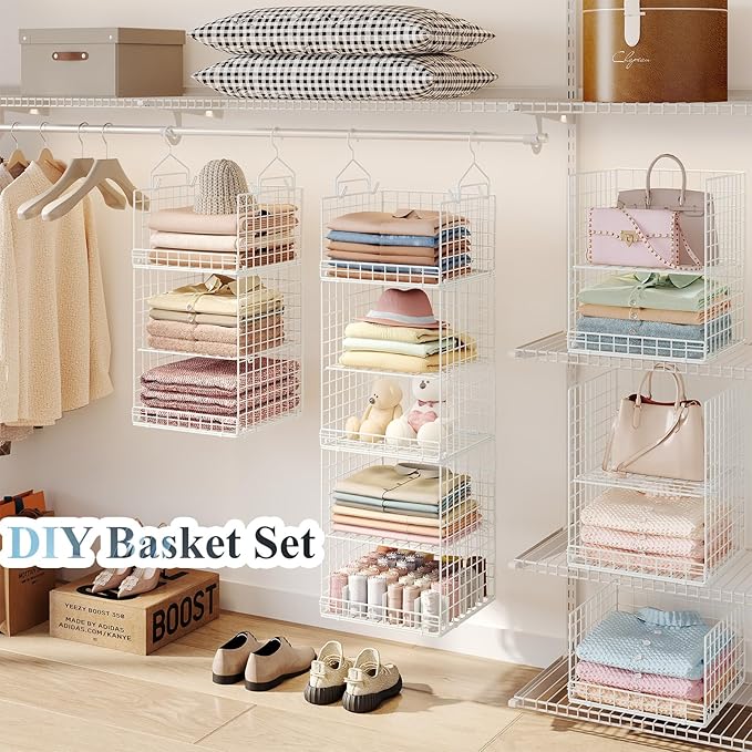 ﻿5 Tier Hanging Closet Organizer Separable Hanging Closet Shelves with 4 Hooks 2 Adjustable Dividers, Wire Storage Basket Bins for Clothing Sweaters Socks Dolls Handbags, Foldable