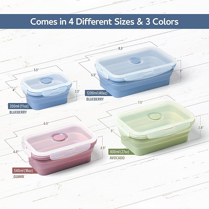 ICHC Set of 4 Collapsible Food Storage Containers - Space-Saving Silicone Meal Prep Boxes, Airtight and Stackable Lunch Containers, Microwave and Freezer Safe