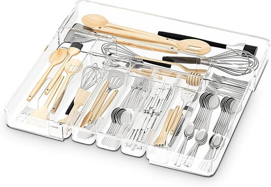Acina Silverware Organizer for Kitchen Drawers: Expandable Cooking Utensil Tray - Adjustable Cutlery Flatware Holder - Spatula Tools Gadgets Storage Divider Clear (Expandable Tray with 9-Drawers)