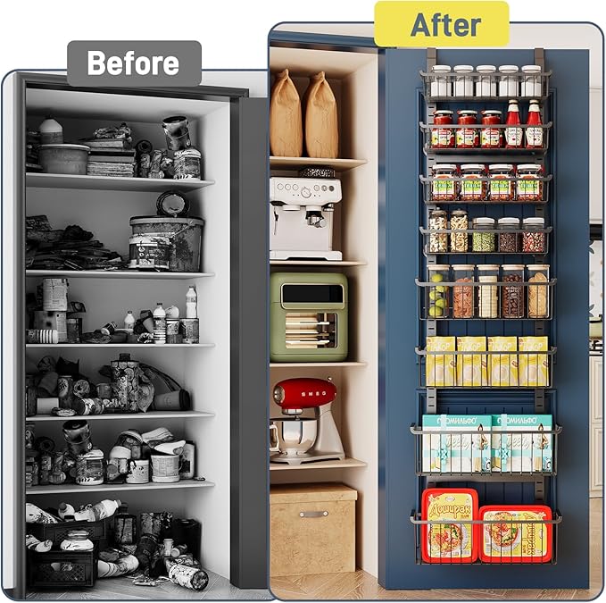 Over The Door Pantry Organizer, 8-Tier Over The Door Organizer with Adjustable Baskets, Metal Hanging Spice Rack for Pantry Organizers and Storage, Suitable for Kitchen Laundry Room & Bathroom, Black