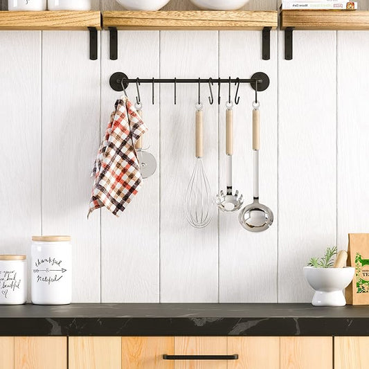 Wallniture Cucina 16" Wall Mount Kitchen Organization Storage Rail with 10 S Hooks for Hanging Pots and Pans Set and Lid Organizer, Black