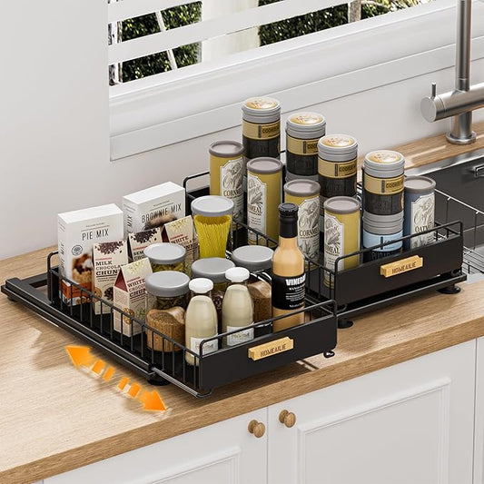 Under Sink Organizer, 2 Packs Under Sink Organizers and Storage, Slide Out Pull Out Cabinet Organizer Shelf with Metal Drawers for Kitchen Bathroom Pantry, Black