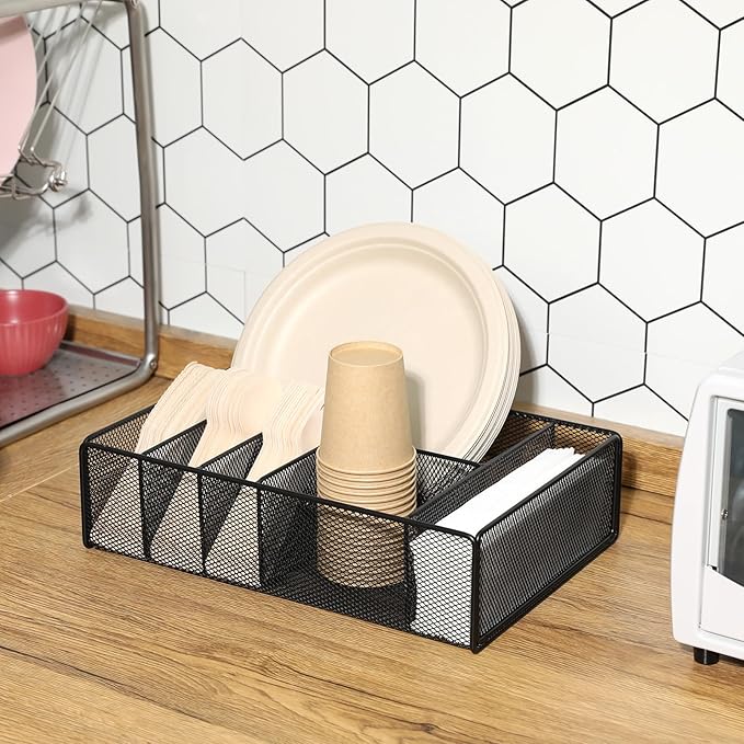 Paper Plate Organizer for Countertop, Metal Utensil Silverware Caddy for Kitchen Cabinets Cutlery Holder Flatware Dispenser Storage Box for Plastic Spoon Fork Plates Napkins Cup Party Buffet Picnic