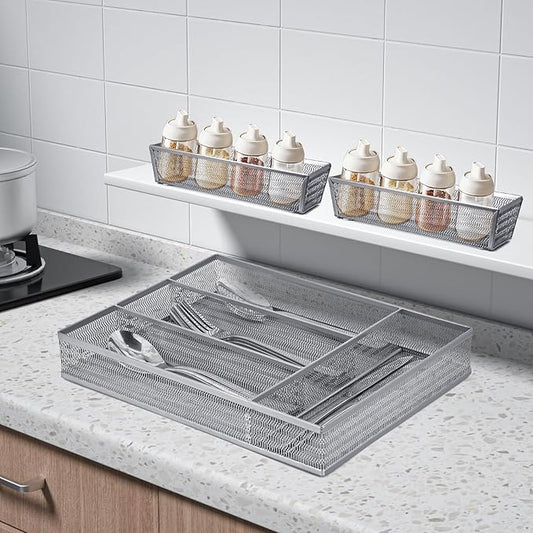 Drawer Organizer Set 5 Pack - 4-Compartment Silverware Organizer Tray + 4 Utensil Trays, Kitchen Drawer Organizer for Flatware, Cutlery, Office Supplies, Silver Mesh, Non-Slip