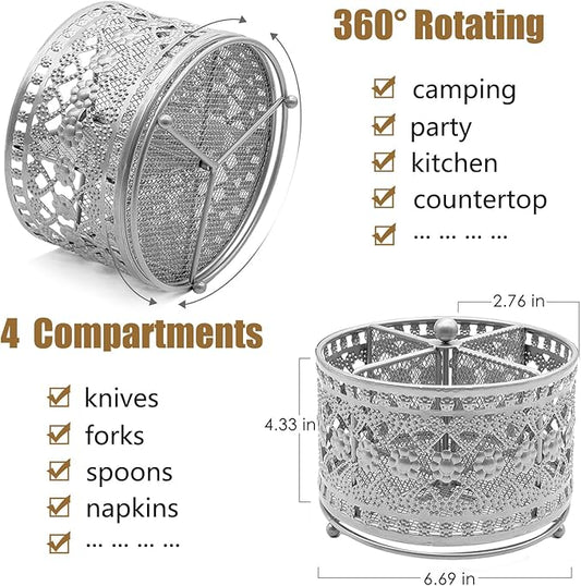 360° Rotating Metal Utensil Caddy - 4 Compartment Vintage Silverware Cutlery Holder Fork Spoon Napkin Organizer Flatware Storage Basket Party Countertop Buffet Picnic Camping Outdoor Silver