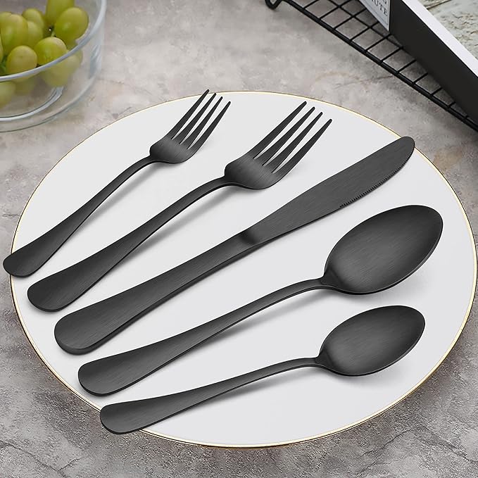 Herogo 30-Piece Matte Black Silverware Set with Drawer Organizer, Stainless Steel Flatware Cutlery Set for 6, Modern Tableware Eating Utensils with Tray, Dishwasher Safe, Satin Finish