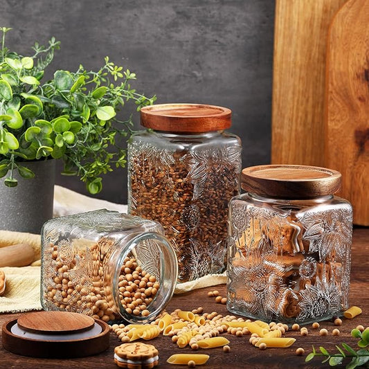 Suclain 5 Pcs Sunflower Vintage Glass Jars with Bamboo Lid 17/24/34 oz Glass Food Containers Storage for Kitchen Counter Pantry Sugar Flour Coffee Tea Candy Oats Cereal